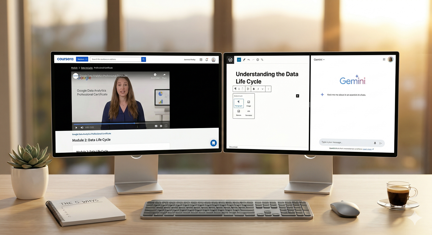 Google Data Analytics Module 1 Graded Assignment Questions and Answers on a dual monitor setup with espresso